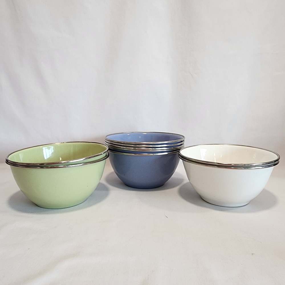 Pottery Barn Enamelware Bowls Set of 9 Pastel Green Blue White Metal Farmhouse